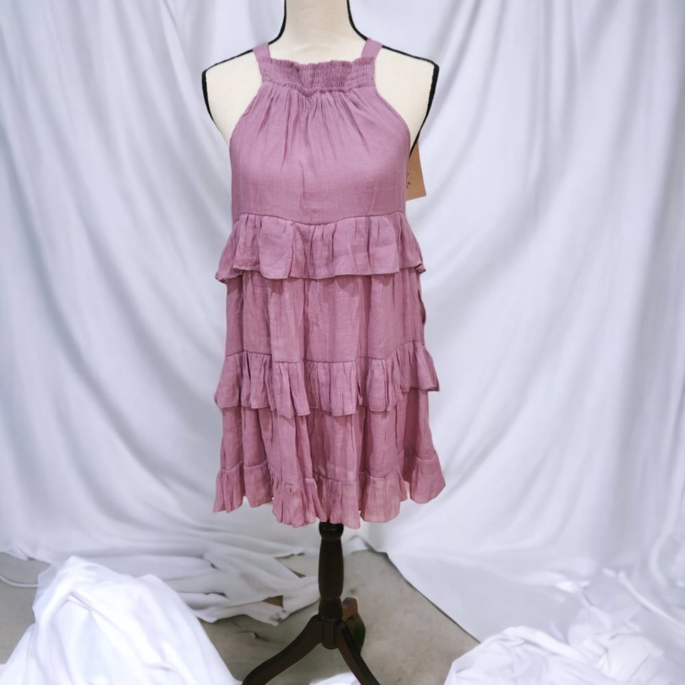 Mauve Tiered Ruffle Dress w/ Tie at Back of Neck